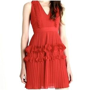 NWT Foxiedox Red Pleated Ruffle Dress Sz S  Mini Sleeveless Lined Party Cocktail